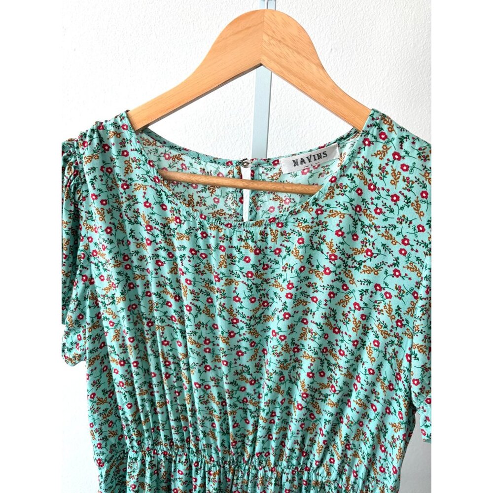Floral Dress L Tiered Pockets Midi Puff Sleeve Cottagecore Casual Boho Fairycore - Picture 7 of 10